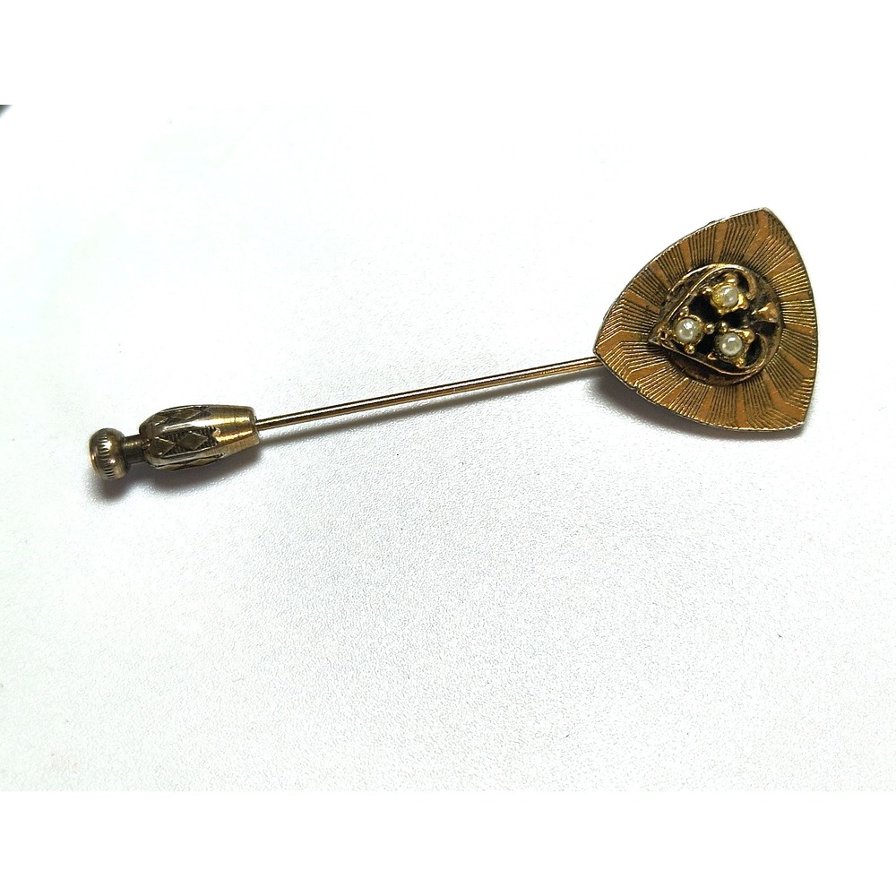 Vintage German Veterans Stick Pin Pre-WW2 Faux Pearl Heart Motif Safety Cap 2.5"